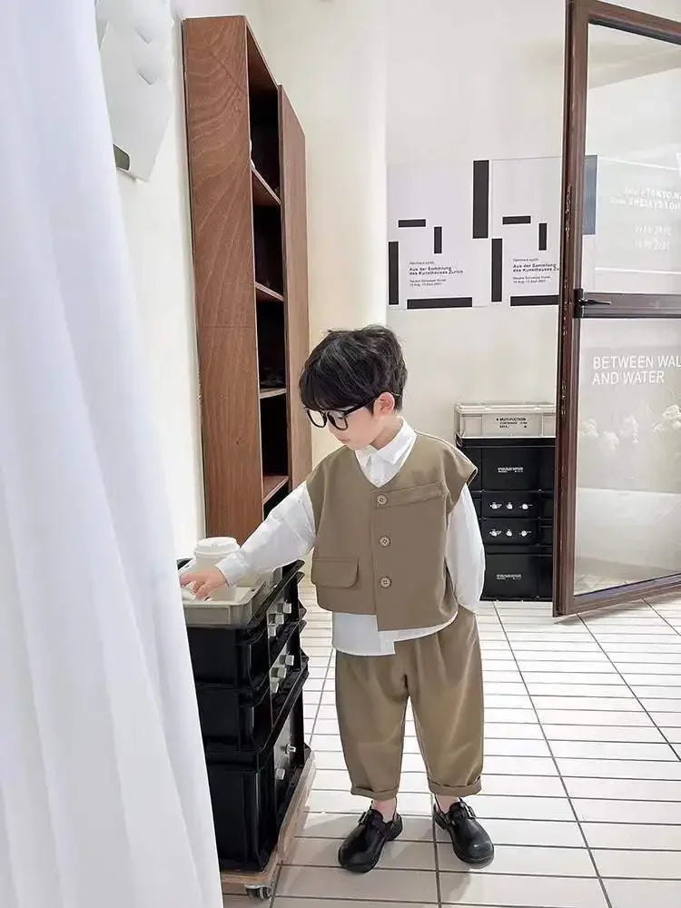 Boys' Autumn Set Trendy and Cool Children's Autumn Wear Boys and Babies Handsome Casual Suit Vest Three Piece Set New