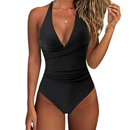 S - XXL Wrinkled Halter V Neck One Piece Swimsuit Women Swimwear Female Monokini Backless Bathing Suit Swim Beachwear Bodysuit