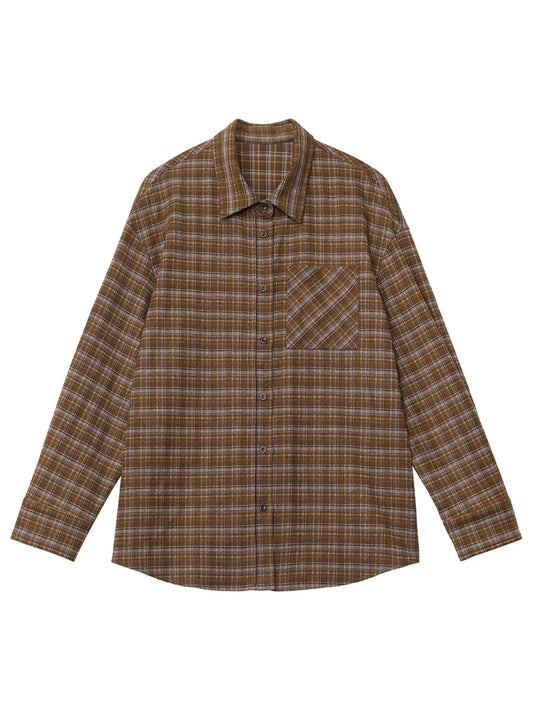 New Women Shirt Loose Casual Long Sleeved Vintage Thick Sanding Female Plaid Blouses Single-breasted Autumn Winter 2026