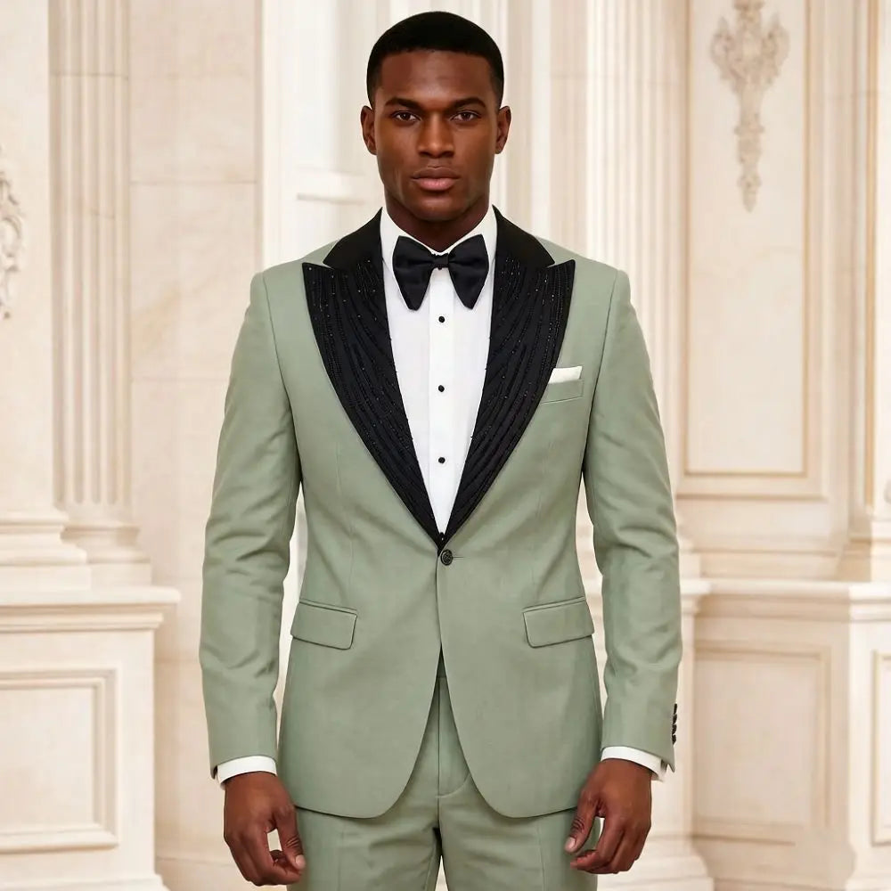 2 Pieces Men Suits Slim Fit Beaded Wedding Prom Tuxedo Shawl Lapel Single Decorative Button Formal Groom Party Office Wear