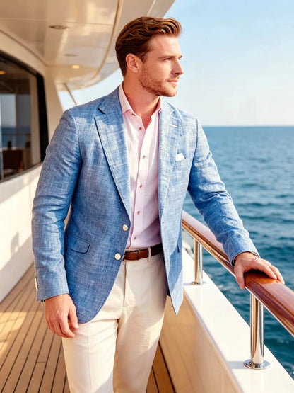 Blue Linen Men Suit Jackets Casual Notch Lapel Two Buttons Tops Summer Beach Slim Fit Suits Blazer Party Prom Wedding Suits Coat