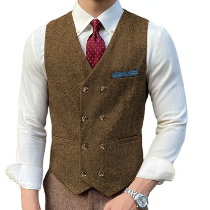 Men Vest Brown Solid Double ButtonTweed Slim Casual Business Waistcoat Jacket For Wedding Party Banquet Prom Set