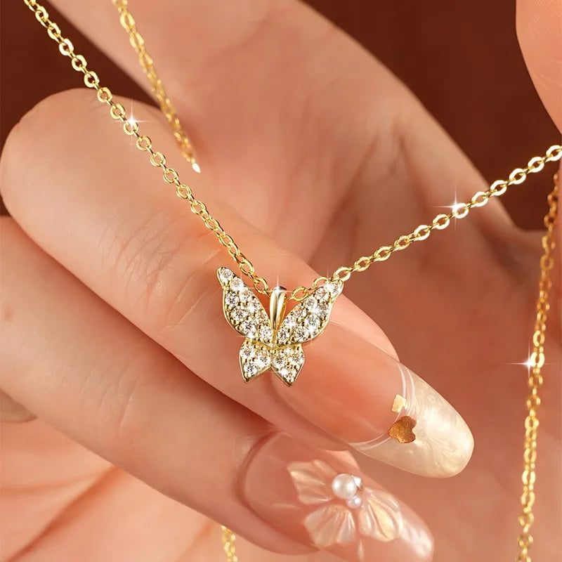 Sparkling 1.5mm Moissanite Necklace 14K Gold Butterfly Pendant Necklaces for Women Valentine's Day Jewelry Gift