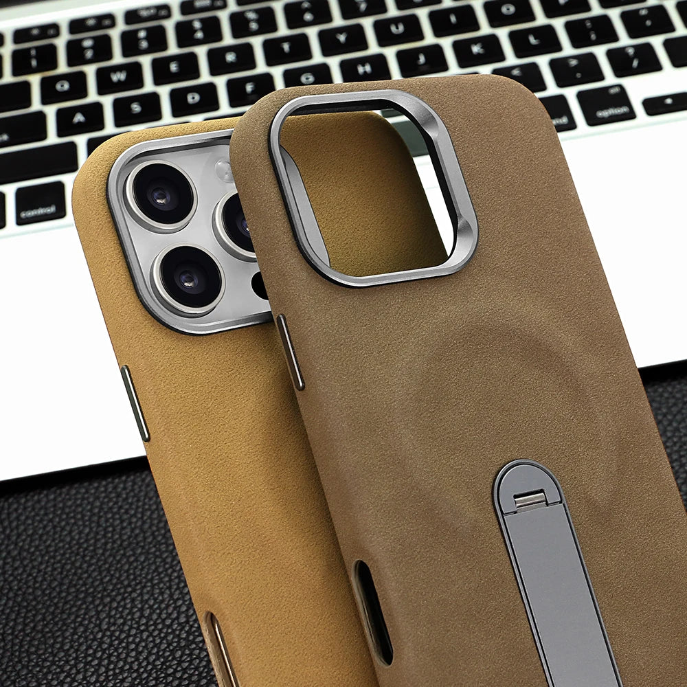 For iPhone 17 Pro Protective Case With Metal Rotatable Kickstand Suede Artificial Leather Phone Case For iPhone 17 16 15 Pro Max