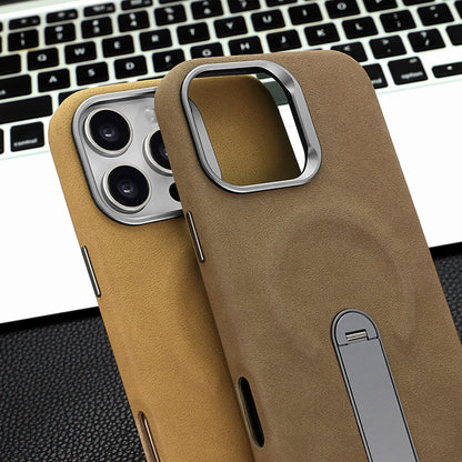 For iPhone 17 Pro Protective Case With Metal Rotatable Kickstand Suede Artificial Leather Phone Case For iPhone 17 16 15 Pro Max
