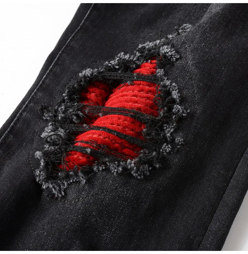 Men's Cracked Red Pleated Patch Biker Jeans Streetwear Patchwork Stretch Denim Pants Skinny Tapered Black Trousers