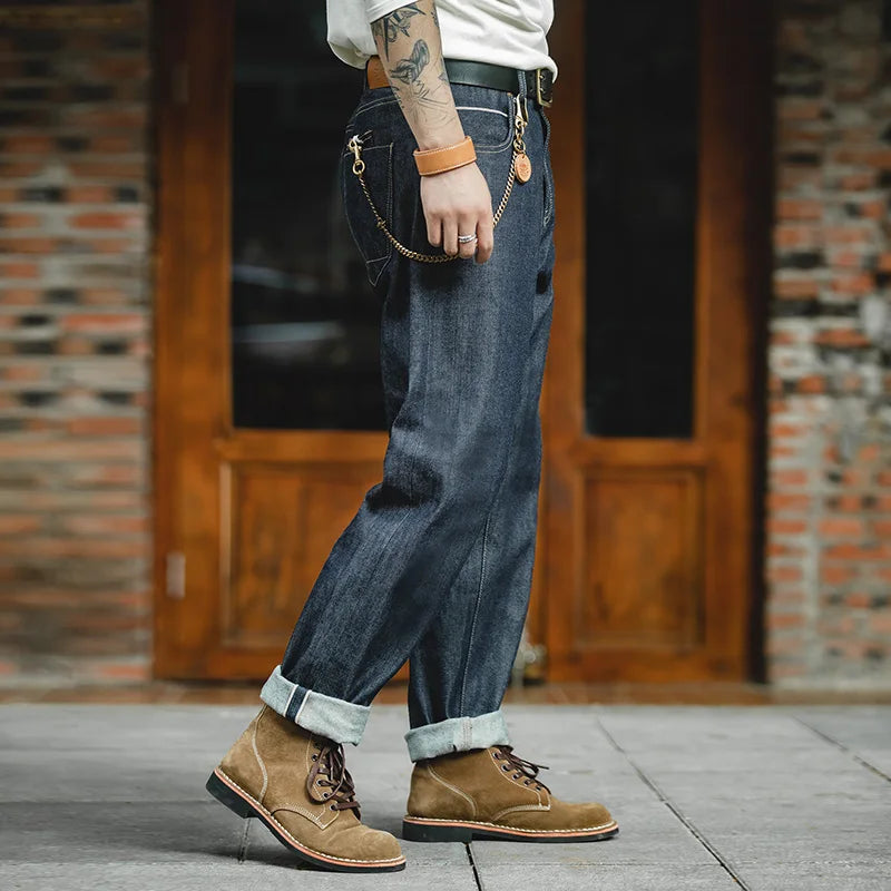 Vintage 13.5oz Heavyweight Selvedge Raw Denim Jeans Men's Straight Fit Cotton Jeans Casual Pocket Trousers Fall Winter