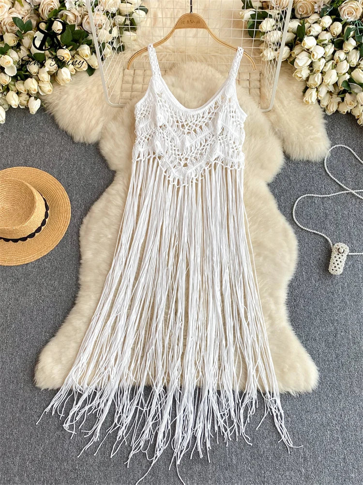Retro Knitted Camis Bohemian Vacation Beach style Summer Tank 2024 New Women Strap Sleeveless Long Tassel Tops