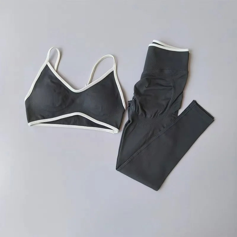 Seamless 2PCS Legging Sets Women's Strappy Sports Bras and Leggings High Waist Fitness Sculpt Leggings Running Pants Gym Suits