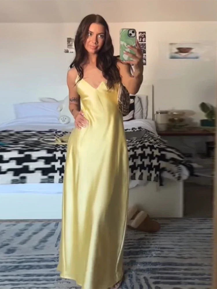 Yellow Satin Sling Dress Women Elegant V Neck Sleeveless Backless High Waist Maxi Dresses 2025 Summer Lady Party Evening Robes
