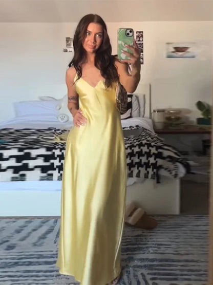 Yellow Satin Sling Dress Women Elegant V Neck Sleeveless Backless High Waist Maxi Dresses 2025 Summer Lady Party Evening Robes