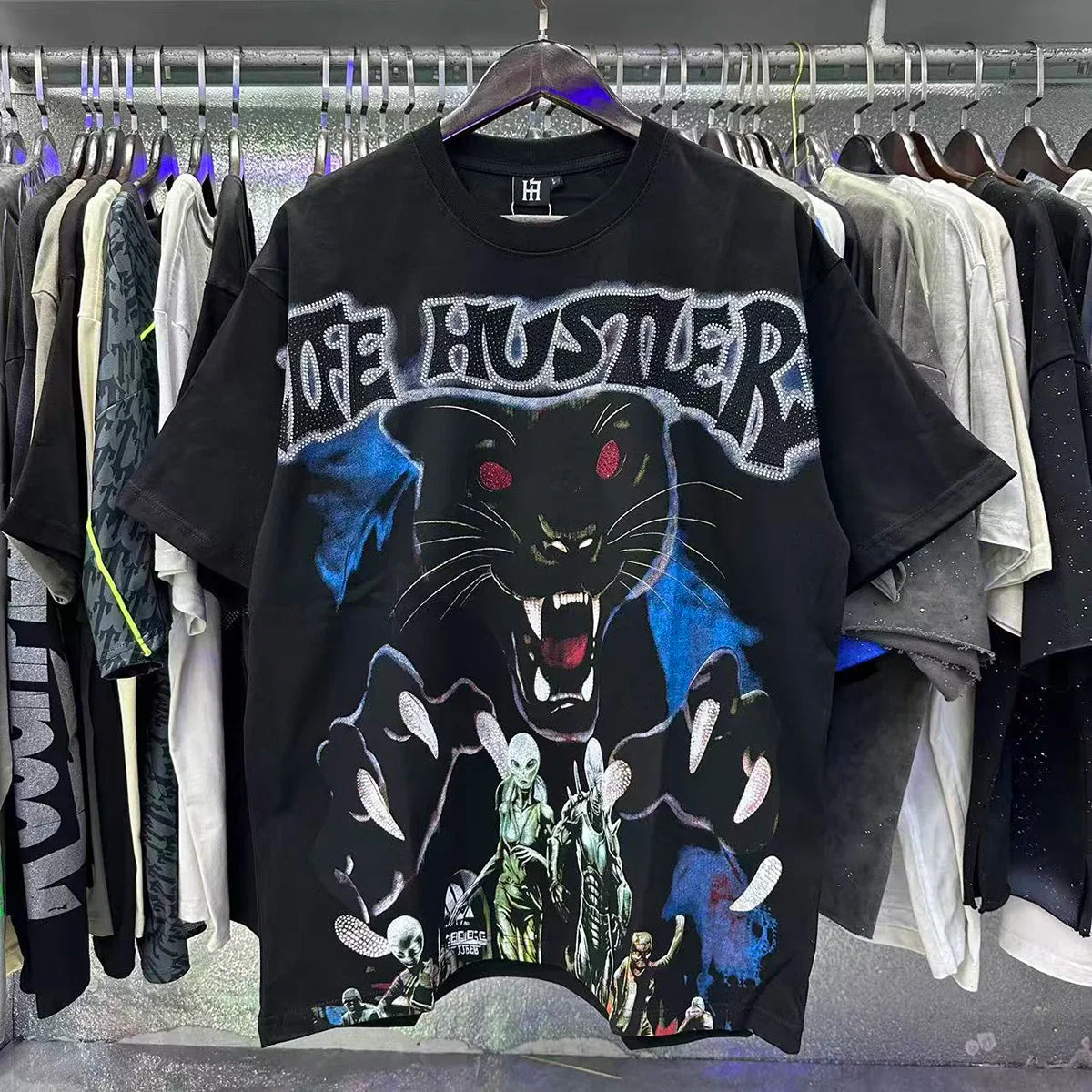 Masked Angel letter Rhinestone print Short Sleeve T shirts Men Women Fashion Harajuku Loose cotton casual Shinning Diamond Tees