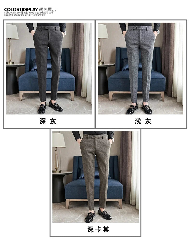 Autumn Winter Woolen Cloth Thickened Suit Pants High Quality Men Business Slim Trousers Formal Wear Office Social Dress Pants