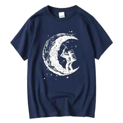 Men's High Quality Cotton Blend Moon Print Casual Summer Cool Short Sleeve Men Tshirt Loose t-shirt Male Tee Shirts Male Tee Top