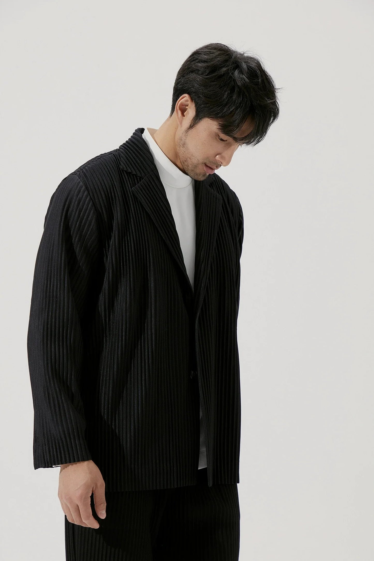 Pleated Blazer Black Suits For Men High Quality Casual Japanese Style Blazers Stretch Fabric Slim Fit Coat