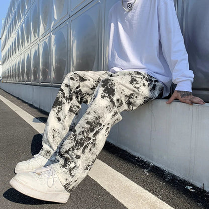 Printed Jeans Unisex Elastic Waist Spring 2025 Mopping Trousers Jeans Mens Fashion Korean Style High Street Loose Hip Hop Pants