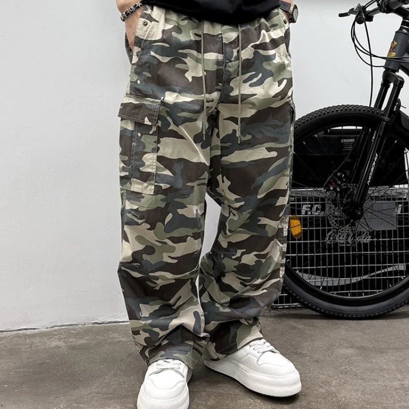 Vintage Camouflage Cargo Pants Men Tactical Multi Pocket Loose Fit Straight Leg Outdoor Casual High Quality Work Pants Trendy