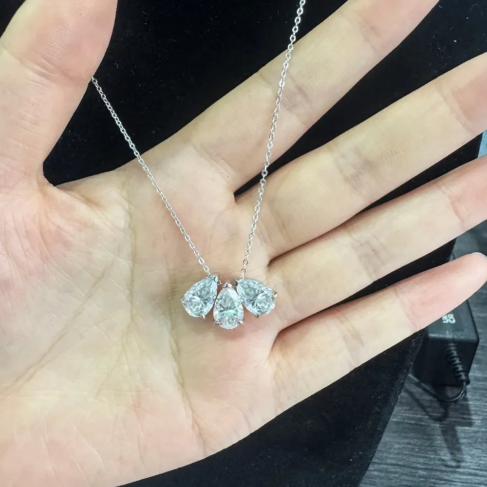 3-Stones Waterdrop Moissanite Pendant Necklace for Women S925 Silver Pear Cut Diamond Neckchain with Certificates Fine Jewelry