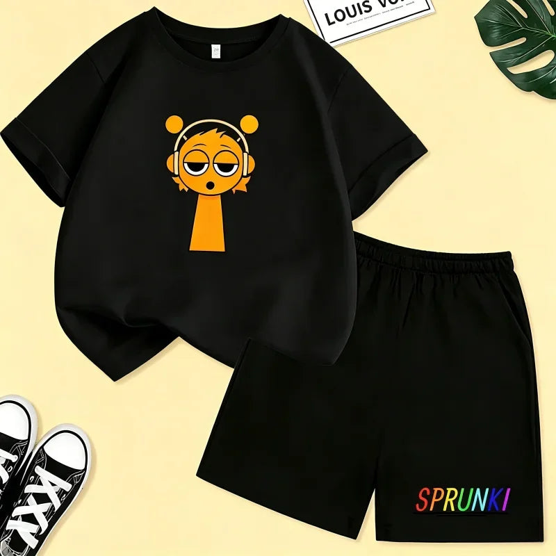 2026 Sprunki Kids T-Shirt + Shorts Set, Boys Girls Cartoon Game Printed Cotton Short Sleeve 2Pcs Summer Casual Outfit