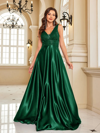 Elegant Sequins Evening Dress For Women 2024 Deep V-neck Satin Prom Party Green Dress Floor Length Blue Formal Gowns