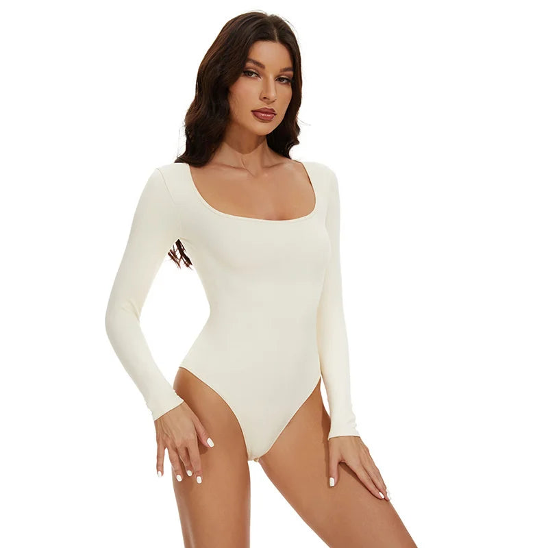 Open Crotch Big U Neck Seamless Bodysuit Long Sleeve Spandex Elastic Body Suit Shapewear Tummy Control Waist Shapers