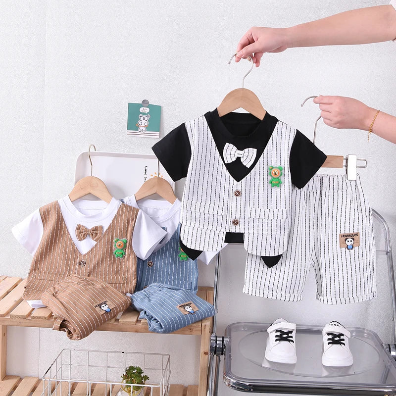 New Summer Kids Boys Clothes High Qulity Short Sleeve Gentleman Patchwork T Shirt Pants Toddler Boy Clothing Casual Outfits
