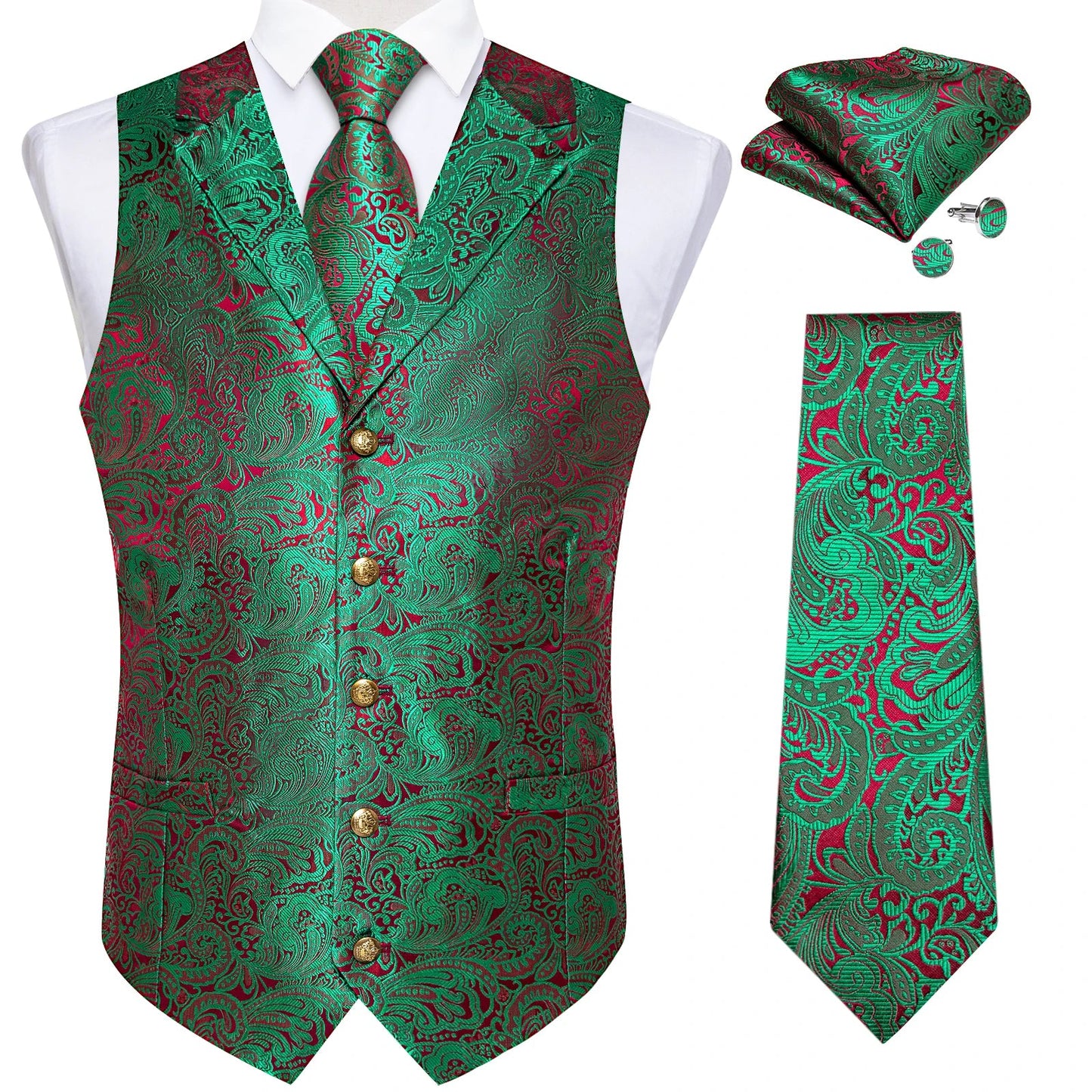 Men's Vest Tie Set Paisley Tuxedo Suit Waistcoat and Necktie Hankerchief Cufflinks for Wedding Party Groom Clothing