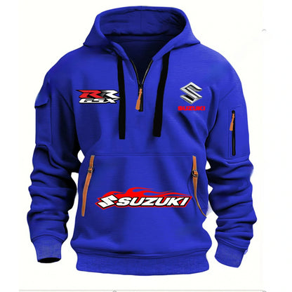 Suzuki brand men's street sports motorcycle hoodie with printed design autumn and winter semi-zipper multi-pocket sweatshirt