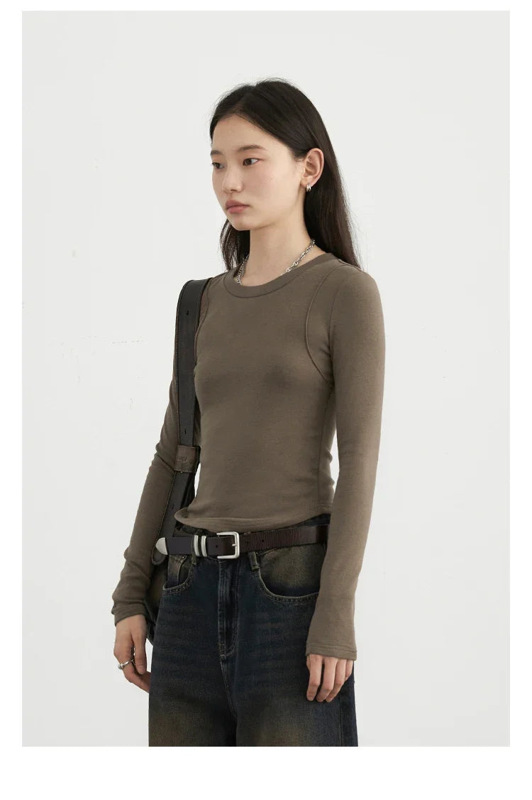 Women T-Shirts Solid New Basic Heating Cashmere Round Neck Woman Tees Slim Fit Female Tops Spring Autumn 2024