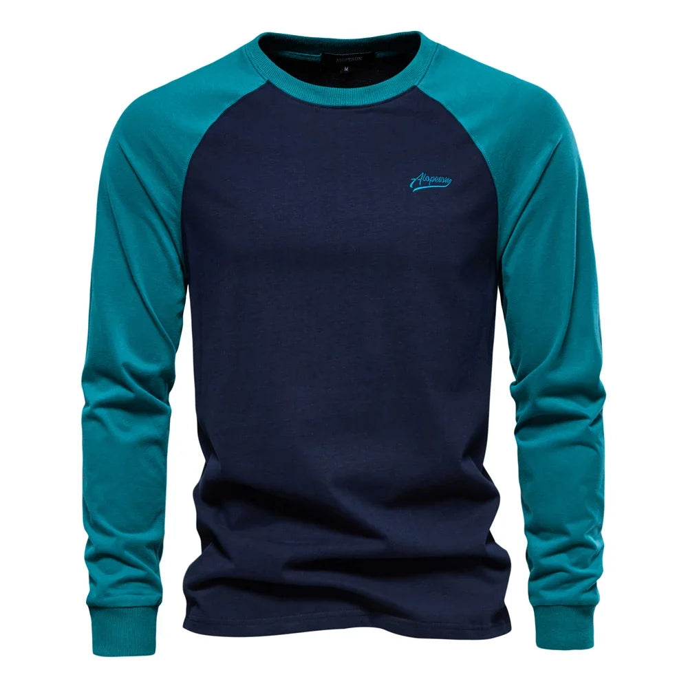 T-shirts 100% Cotton Long Sleeve O-neck Pactwork Casual T shirts for Men New Spring Designer Tees Men Clothing
