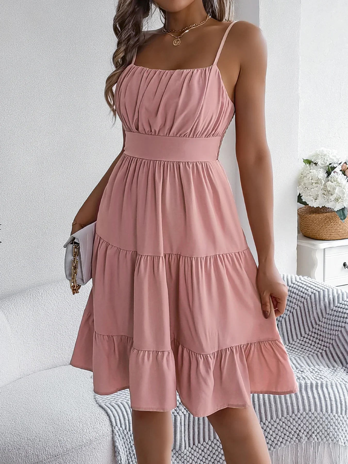 Casual Vacation Ruffled Camisole Dress Spring Summer Women's Solid Dresses for 2026 Valentine's Day Woman Clothing Pink Blue