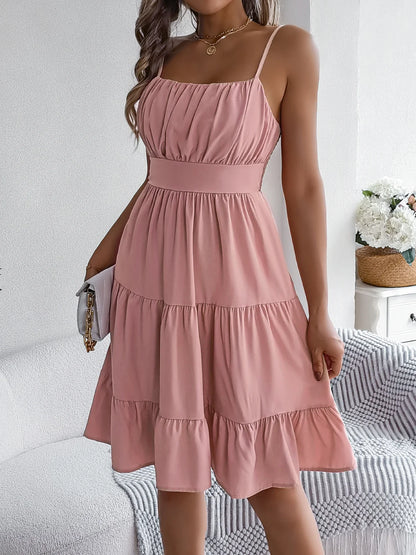 Casual Vacation Ruffled Camisole Dress Spring Summer Women's Solid Dresses for 2026 Valentine's Day Woman Clothing Pink Blue