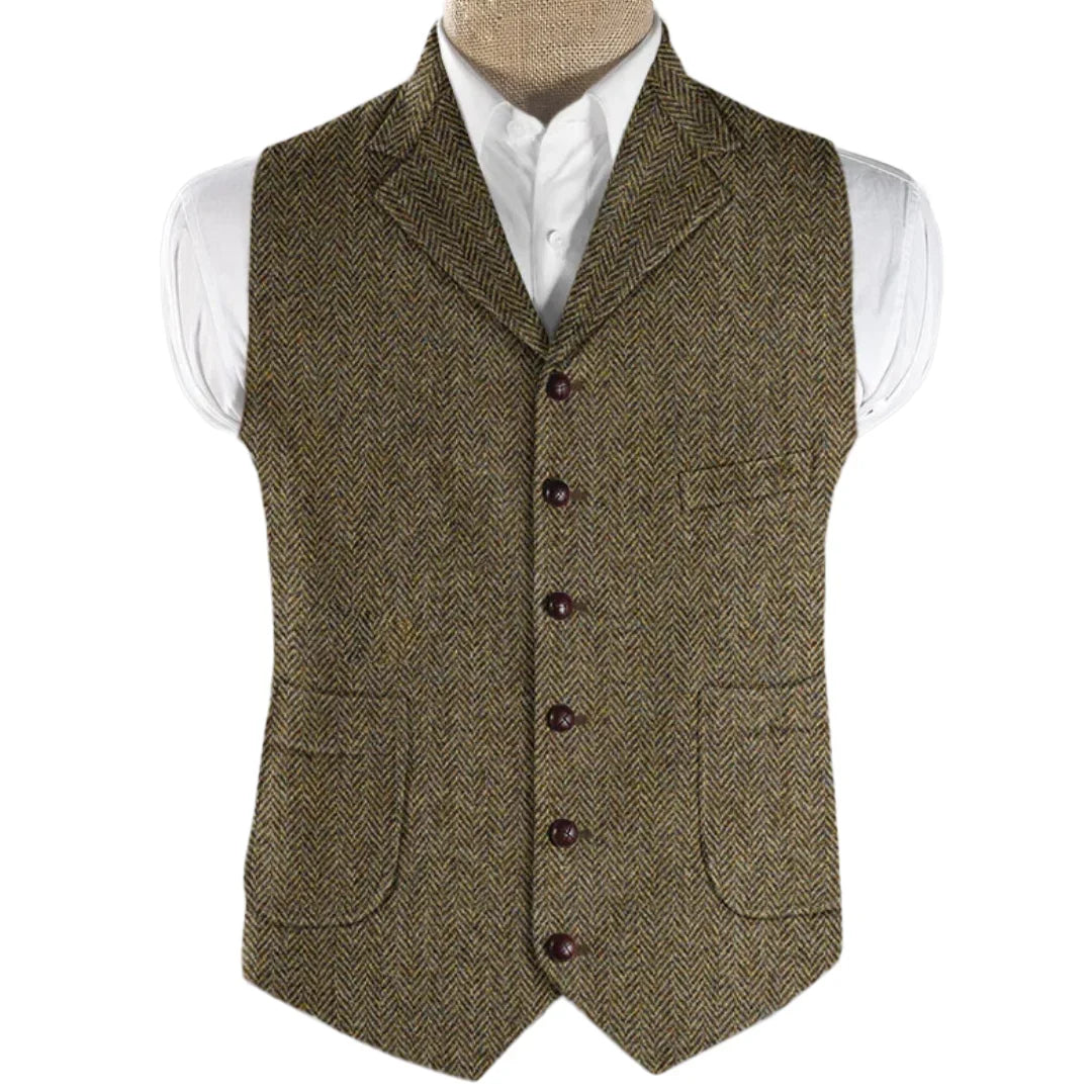 Men Vest Brown Herringbone Single Button With Lapel And Pocket Waistcoat For Wedding Business Work Daily Casual Men Suit Vest