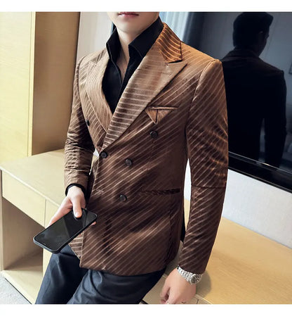 Autumn Winter New Velvet Suit Jacket Men Double-Breasted Striped Slim Fit Casual Coats High Quality Formal Business Tailcoat