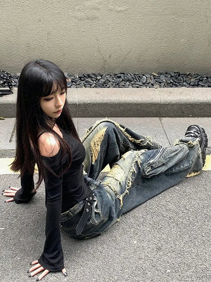 2024 Winter Punk Sexy Vintage Ripped Harajuku Loose Jeans Y2K Hollow Out Trashy Pants Women's BaggyTassels Denim Trouser