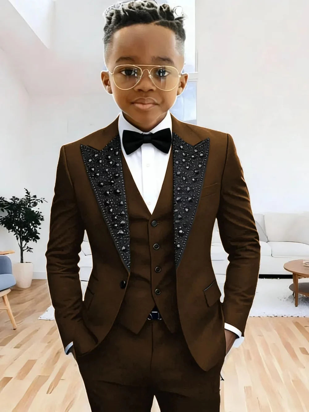 Boys Luxury Beaded Suit Set 3 Pieces For Evening Party High Quality Peak Lapel Suits Piano Performance Wear Elegant Plus Size