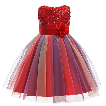 2026 Sequins Girls Dress Summer Flower Fashion Rainbow Mesh Little Princess Dresses For Piano Performance Costume Kids Clothes