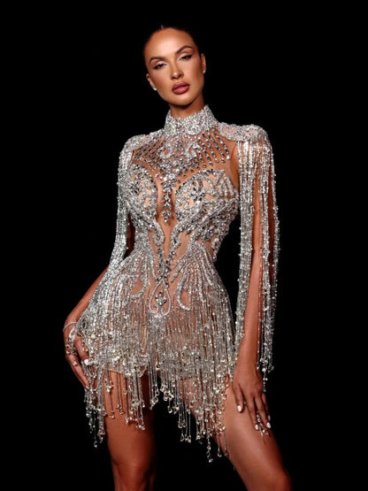 Illusion Beading Tassel Evening Dress Sparkly High Neck Party Prom Gown Stylish Customized Special Occasions Sexy Club Wear