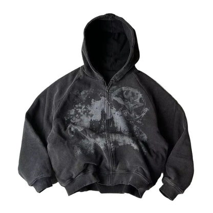 American Y2K New Hip Hop Trend Zipper Hoodie Women Street Casual Loose Joker Vintage Sweatshirt Unisex Fleece Padded Warm Hoodie