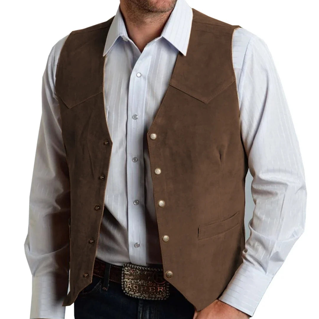 Men Vest Gold Suede Leather Gentleman Business Waistcoat Vintage Western Cowboy Regular Slim Business Banquet Men Suit Vest