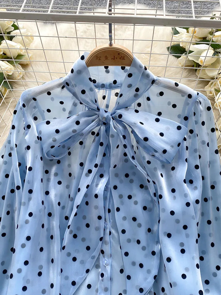 Women Spring Autumn Shirt Fashion French Retro Casual High-end Polka Dot Blouse with Bubble Sleeves Bow Design Top S263