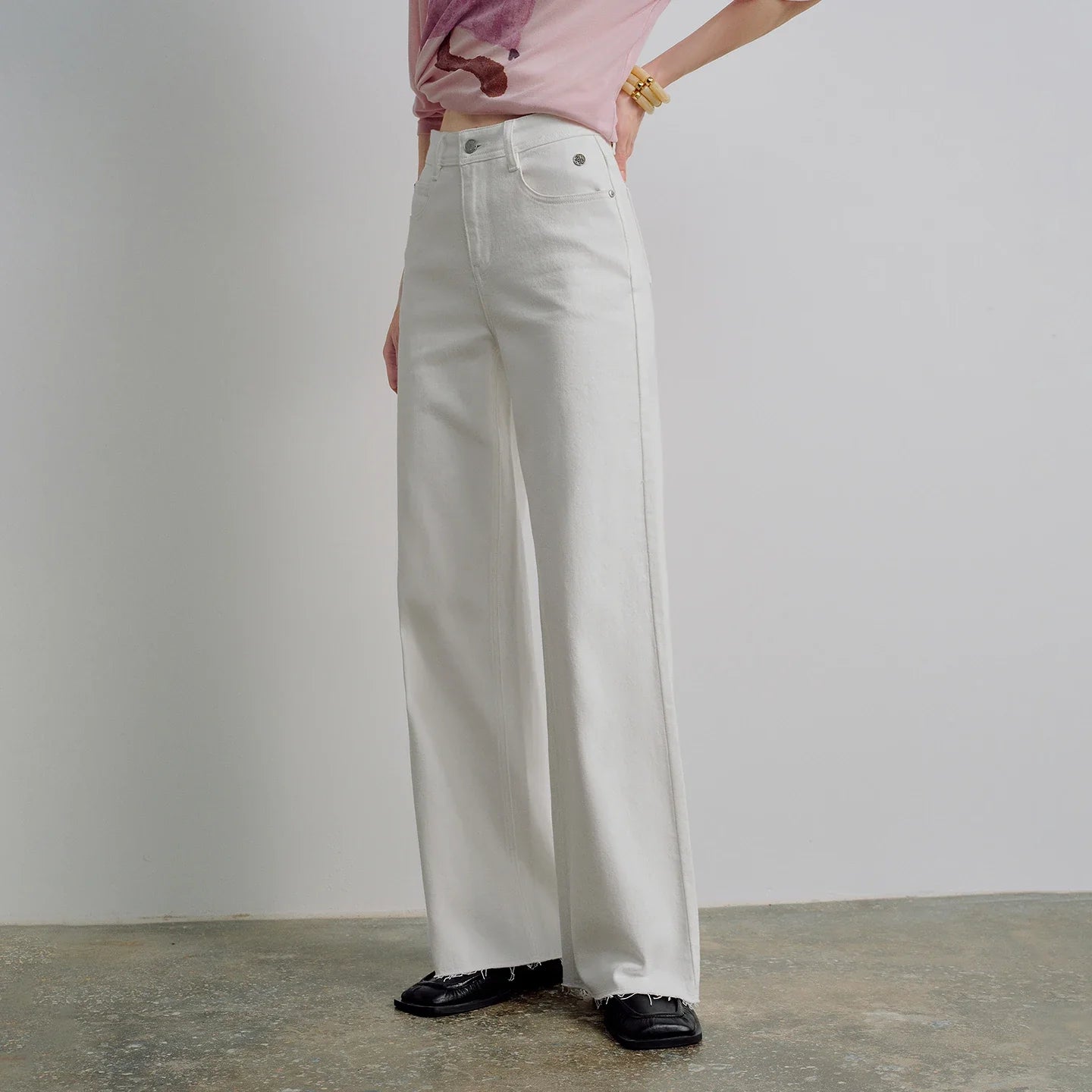 Women Jeans 2026 Spring New Black Label Lycra Stretchy White Frayed Cuff Loose Wide-Leg Pants