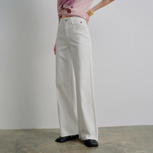 Women Jeans 2026 Spring New Black Label Lycra Stretchy White Frayed Cuff Loose Wide-Leg Pants