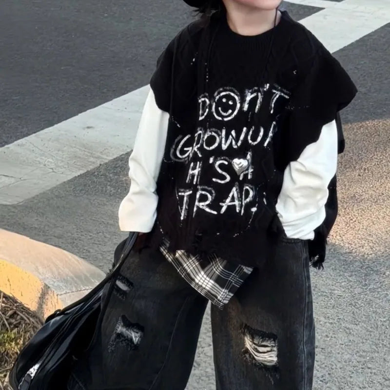 2026 Spring Fall Outfits Baby Kid Boys Knitted Letter Graffiti Vest+ Long Sleeved T-shirt +Grid Fart Curtain Hole Pants 3pcs Set