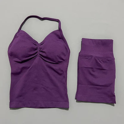 2 Piece Sports Set Women Seamless Yoga Tank With Removable Pads Top Scrunch Butt Workout Leggings Suit Gym Sports Sets