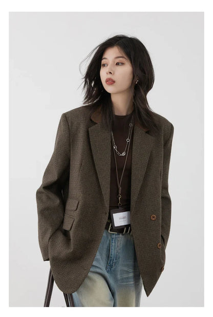 Women's Woolen Blazer Loose Retro Single Breasted Female Jacket Mid Length Plaid Coat for Woman Autumn Winter 2024