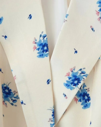 Women's Floral Print Blazer, White Pink Flower Casual Suit Jacket, Notch Lapel Loose Outwear with Tie Waist, Spring Daily Wear