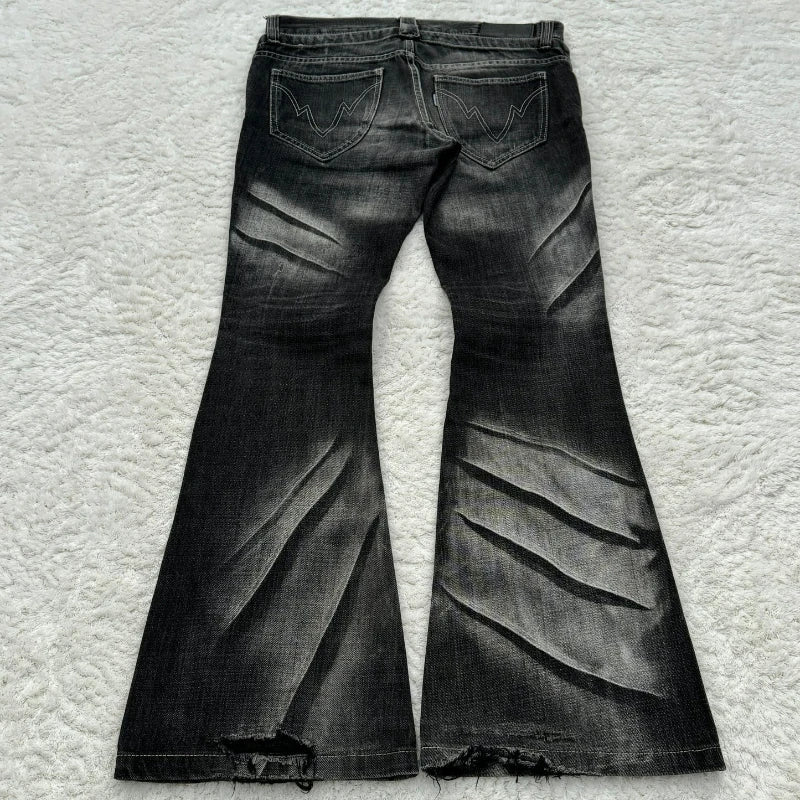 Y2K Distressed Flare Jeans Gothic Men Double Waist Lace Up Denim Pants Retro Washed Scratches Streetwear Unisex Bootcut Jeans