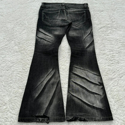Y2K Distressed Flare Jeans Gothic Men Double Waist Lace Up Denim Pants Retro Washed Scratches Streetwear Unisex Bootcut Jeans