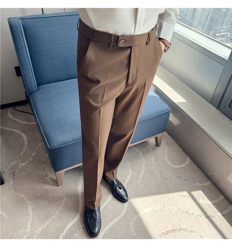 Spring Autumn New Elastic Waist Casual Trousers Male High Waist Dark Striped Slim Fit Pants Men Business Formal Casual Suit Pant